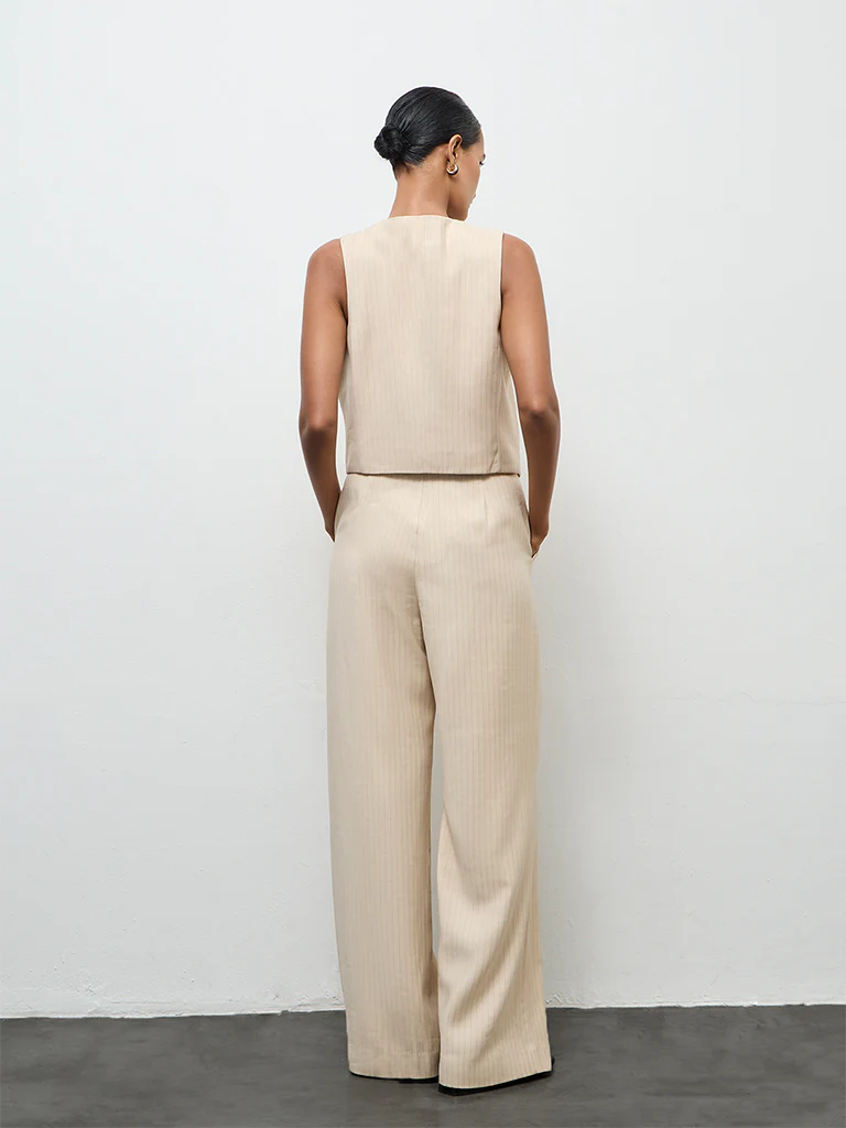 Wardrobe Light Beige Striped High-Rise Trousers - Image 4