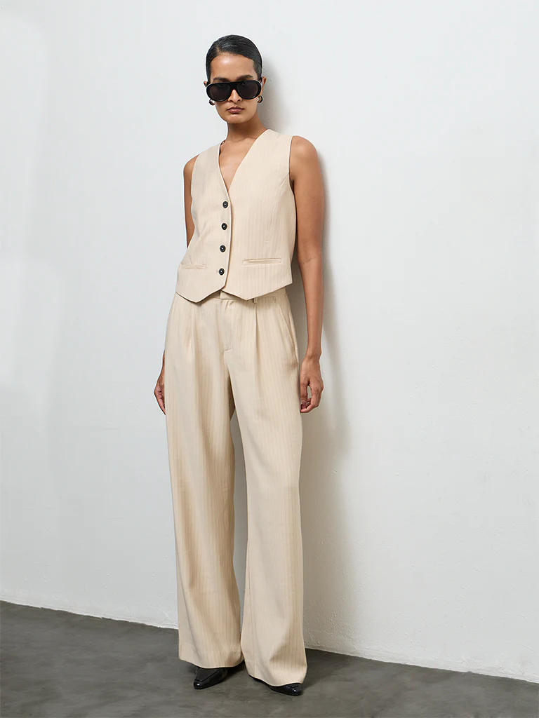 Wardrobe Light Beige Striped Waistcoat - Image 2
