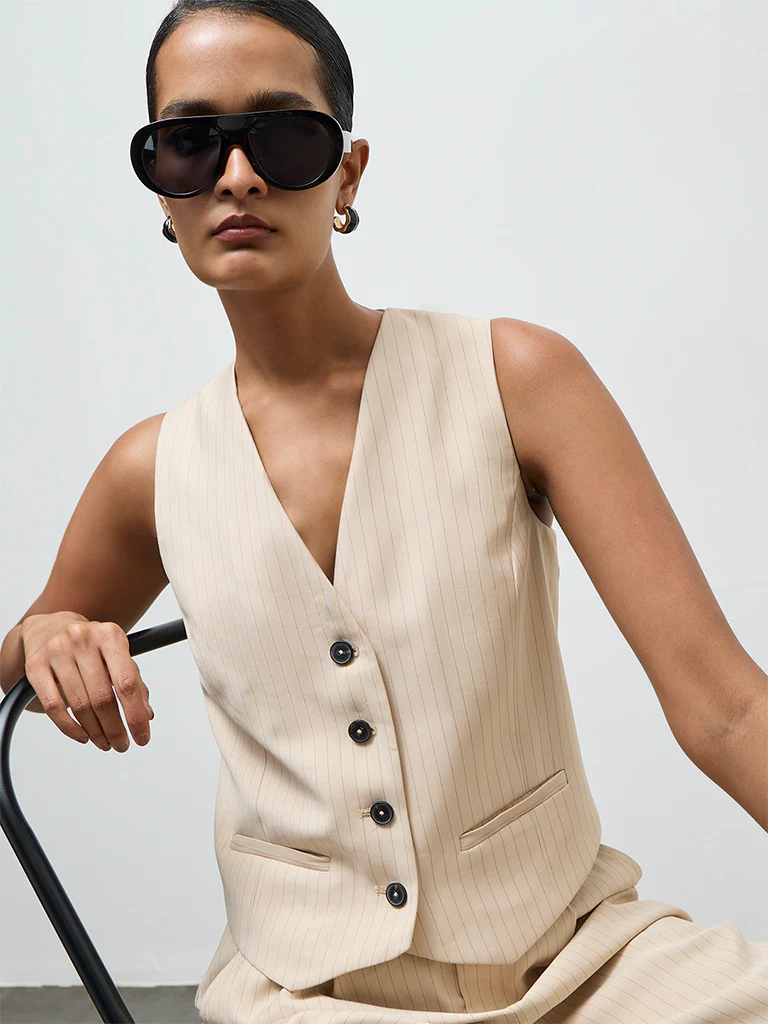 Wardrobe Light Beige Striped Waistcoat - Image 3