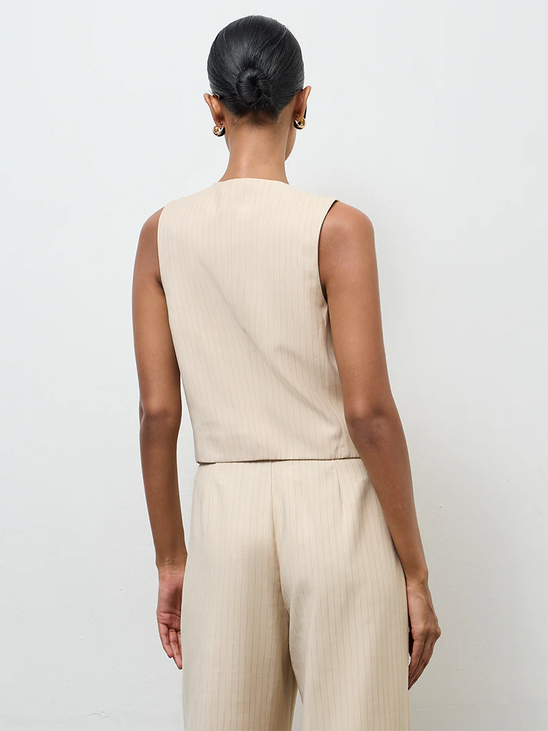 Wardrobe Light Beige Striped Waistcoat - Image 4