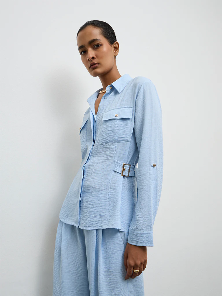 Wardrobe Light Blue Buckle-Detail Shirt - Image 2
