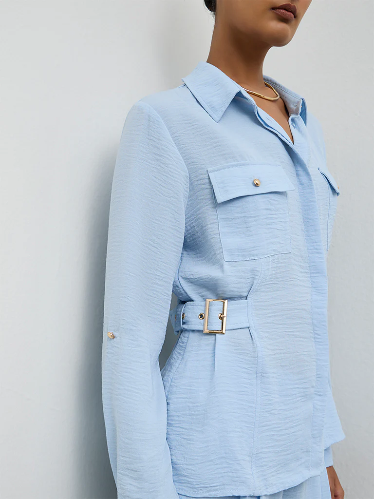 Wardrobe Light Blue Buckle-Detail Shirt - Image 3
