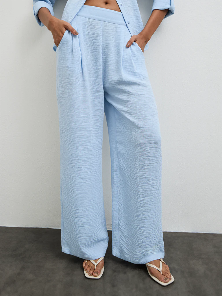 Wardrobe Light Blue Crinkle-Textured High-Rise Trousers - Image 2