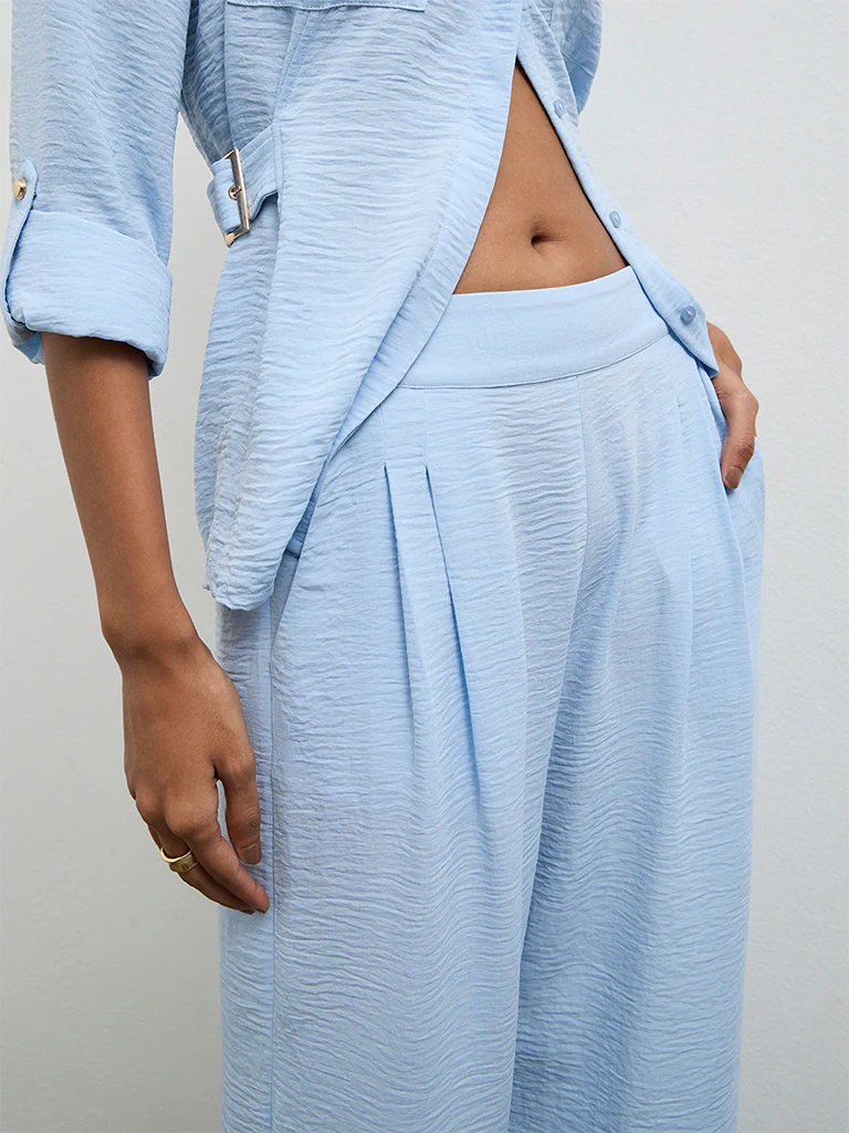 Wardrobe Light Blue Crinkle-Textured High-Rise Trousers - Image 3