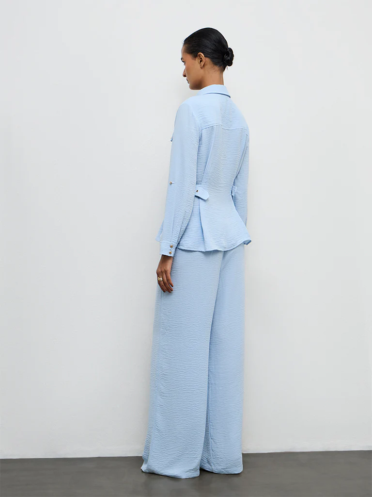 Wardrobe Light Blue Crinkle-Textured High-Rise Trousers - Image 4