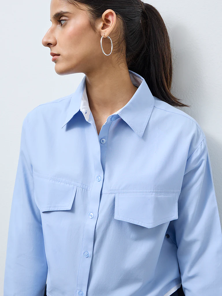 Wardrobe Light Blue Cropped Shirt - Image 3