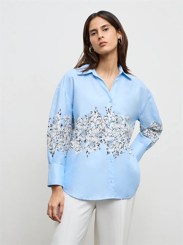 Wardrobe Light Blue Floral Printed Cotton Shirt