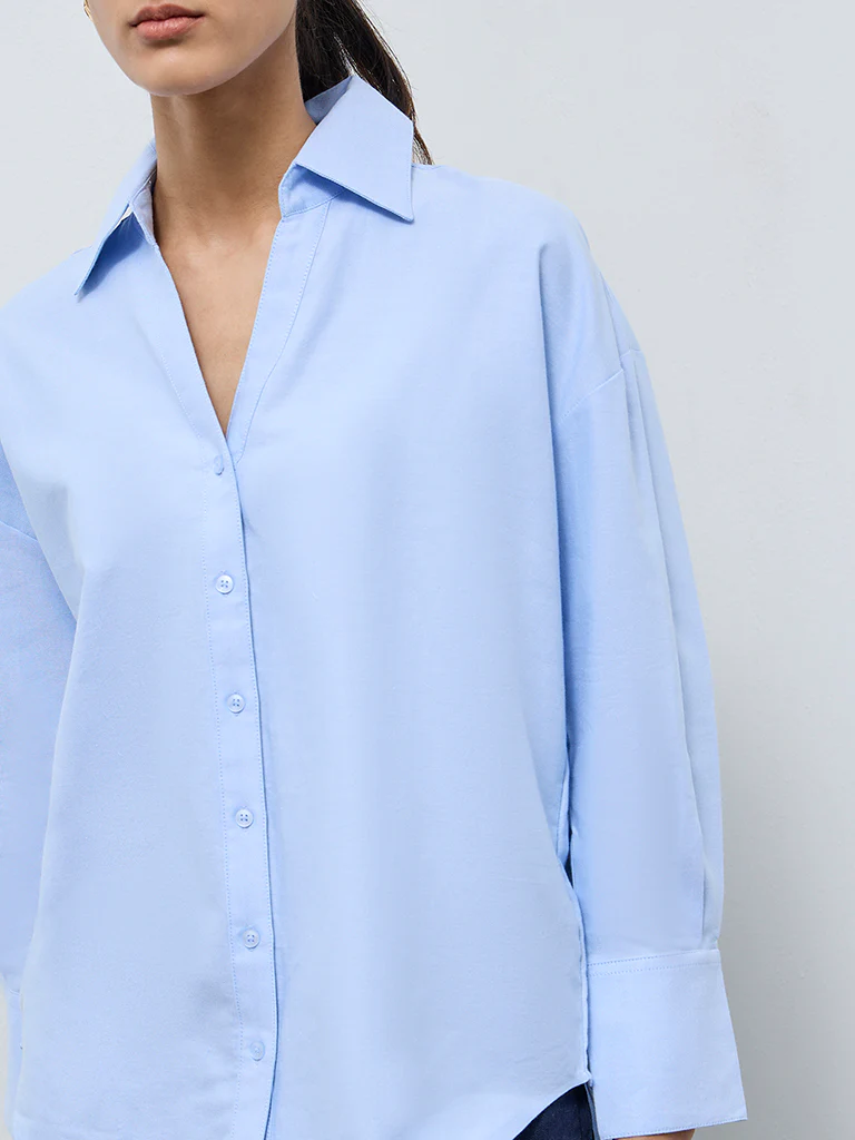 Wardrobe Light Blue High-Low Cotton Shirt - Image 3