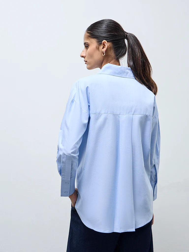 Wardrobe Light Blue High-Low Cotton Shirt - Image 4