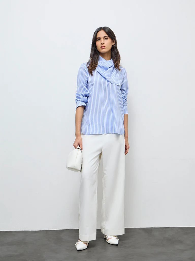 Wardrobe Light Blue Striped Blouse with Scarf - Image 2