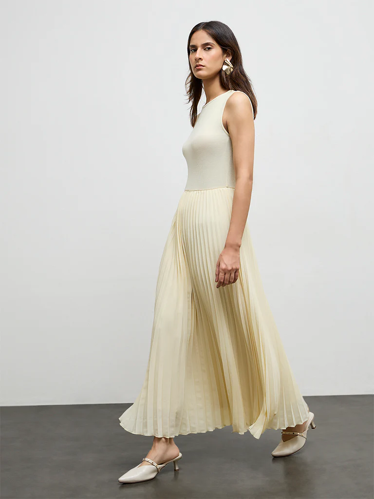 Wardrobe Light Yellow Accordion Pleated A-Line Dress - Image 2