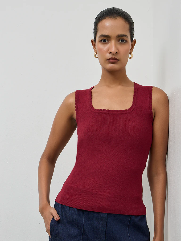 Wardrobe Maroon Ribbed-Textured Tank Top