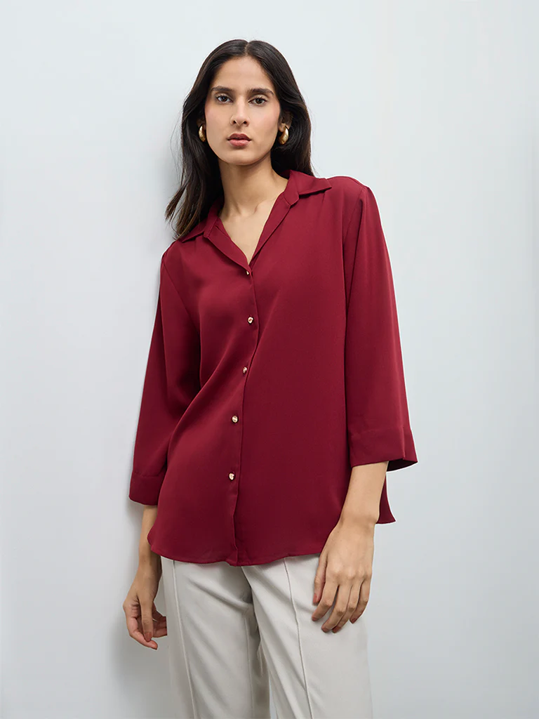 Wardrobe Maroon Solid Shirt