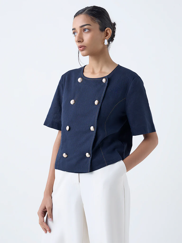 Wardrobe Navy Button-Detailed Top