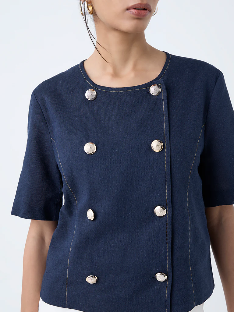 Wardrobe Navy Button-Detailed Top - Image 3
