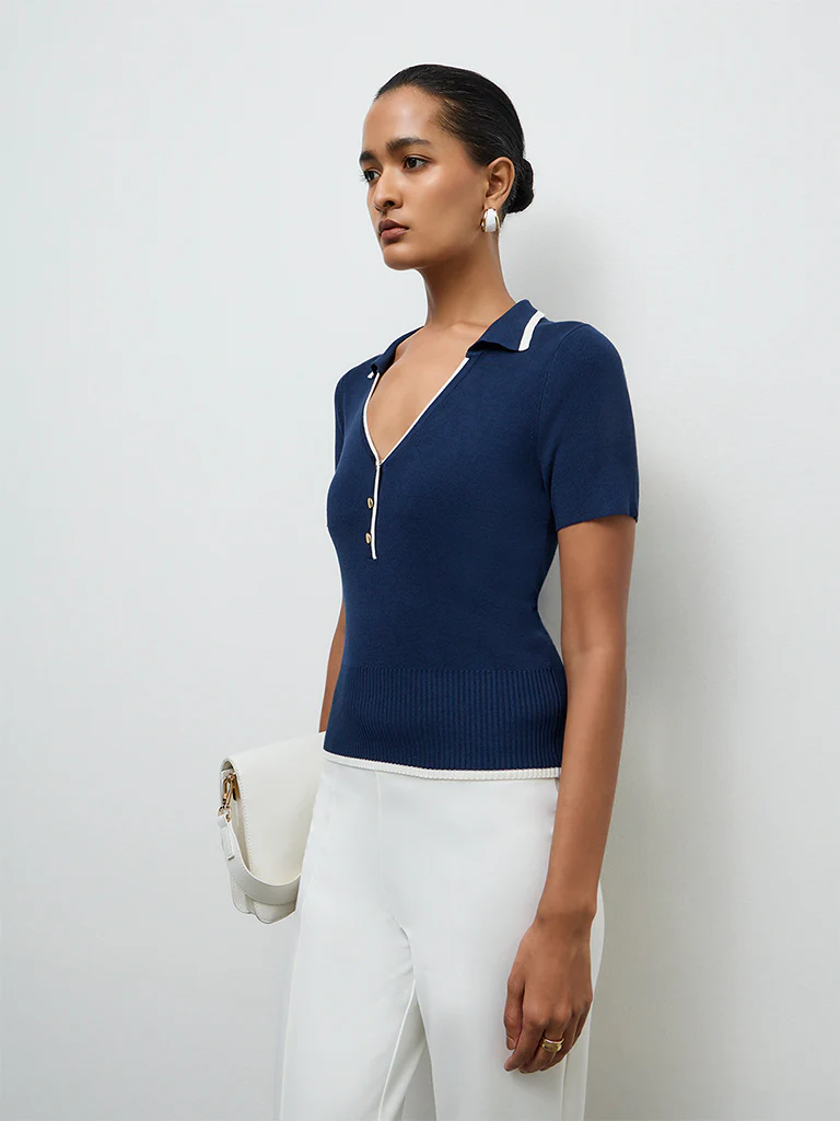 Wardrobe Navy Knit-Textured Top - Image 2