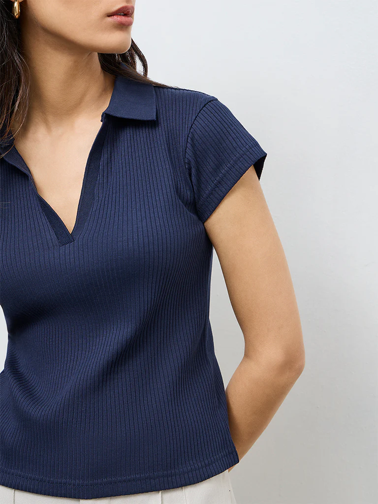 Wardrobe Navy Ribbed Cotton-Blend T-Shirt - Image 3