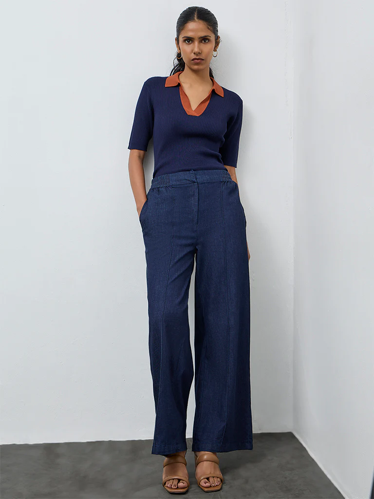 Wardrobe Navy Ribbed-Textured T-Shirt - Image 2
