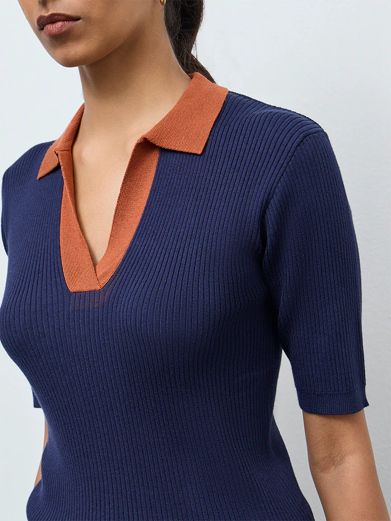 Wardrobe Navy Ribbed-Textured T-Shirt - Image 3