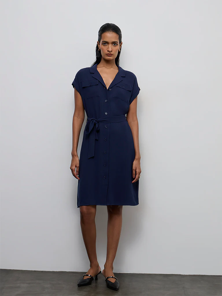 Wardrobe Navy Solid Shirt Dress with Belt