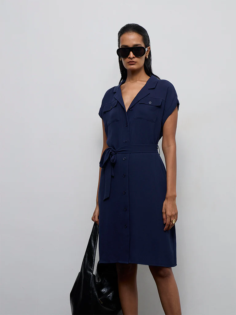 Wardrobe Navy Solid Shirt Dress with Belt - Image 2
