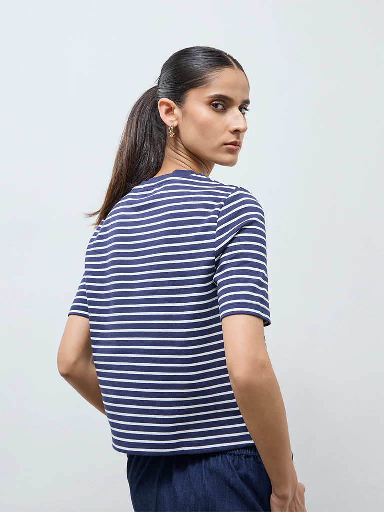 Wardrobe Navy Stripe Pattern Cotton-Blend T-Shirt - Image 3