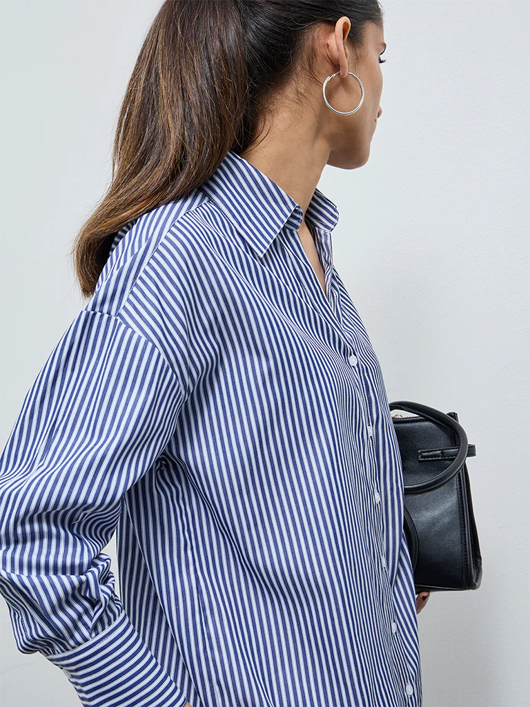Wardrobe Navy Stripe Pattern Cotton Top - Image 3