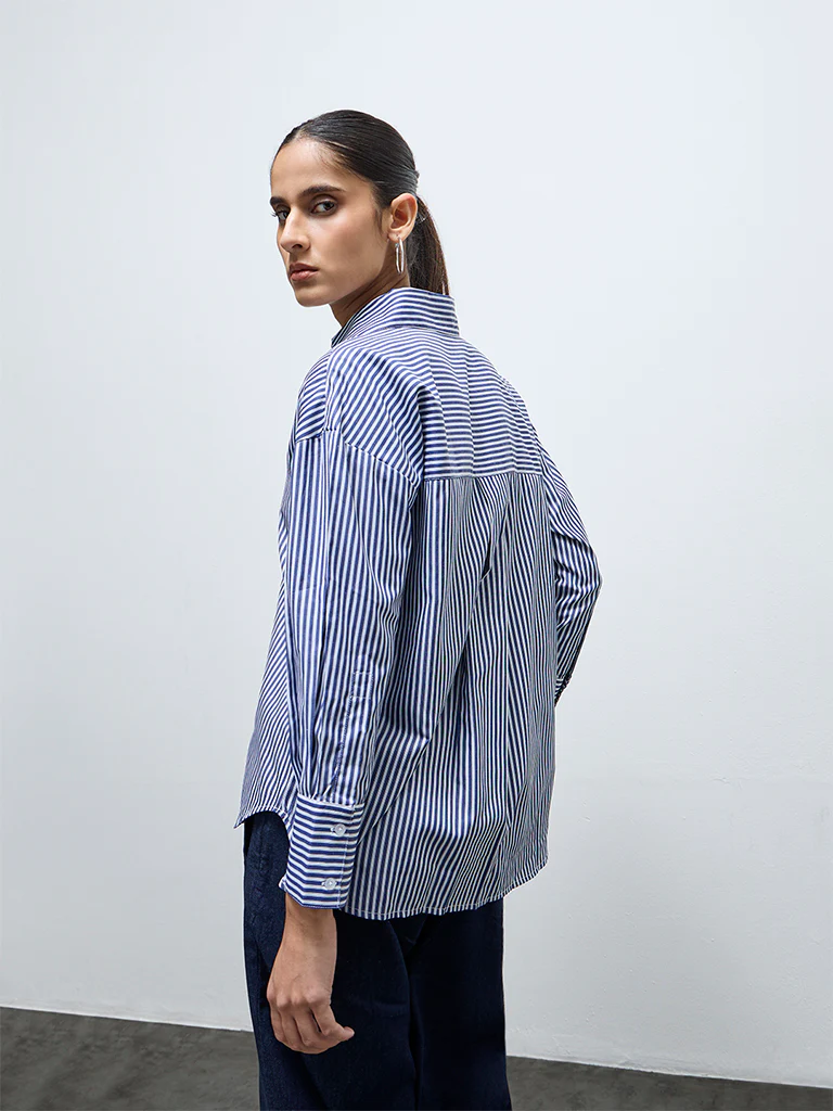 Wardrobe Navy Stripe Pattern Cotton Top - Image 4