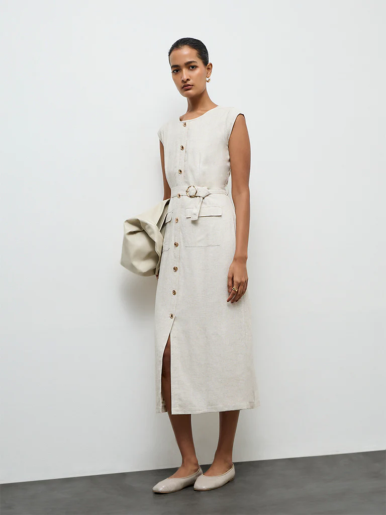 Wardrobe Off-White Cotton A-Line Dress with Belt - Image 2