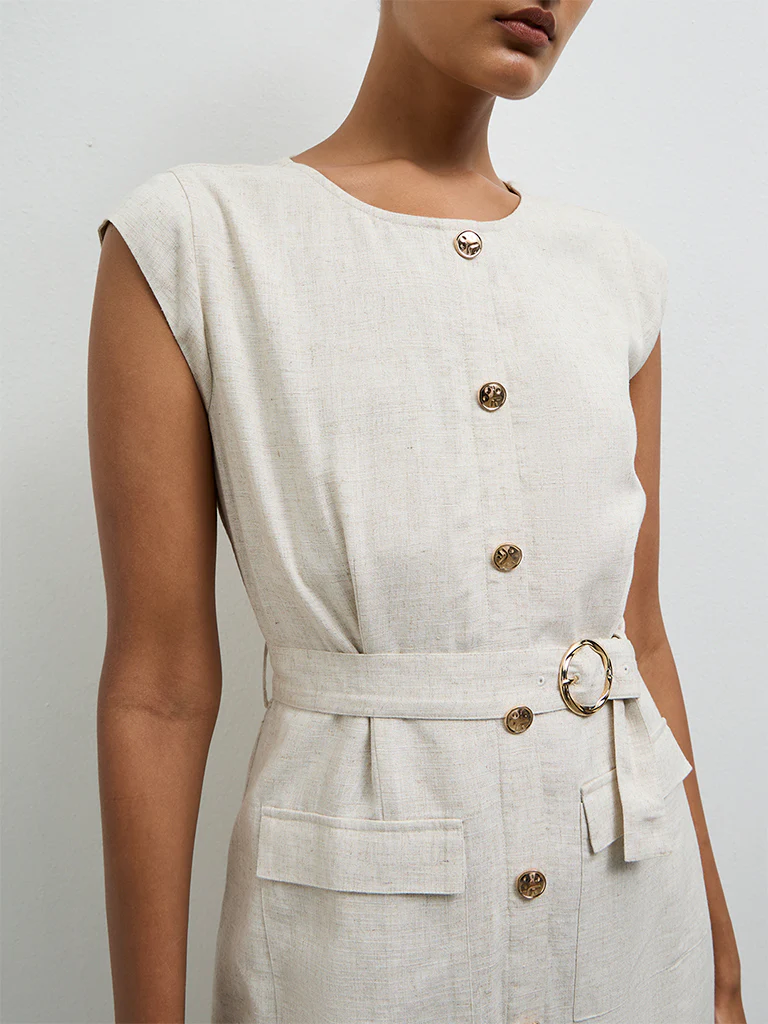 Wardrobe Off-White Cotton A-Line Dress with Belt - Image 3