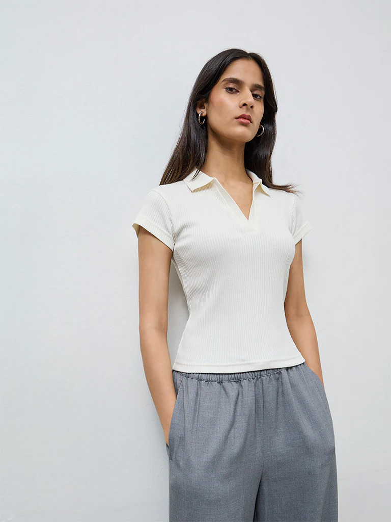 Wardrobe Off-White Ribbed Cotton-Blend T-Shirt - Image 2