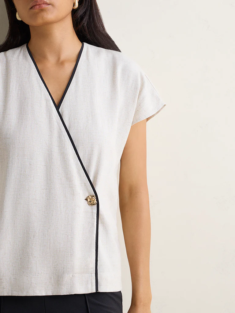 Wardrobe Off-White Wrap-Style Cotton Top - Image 3