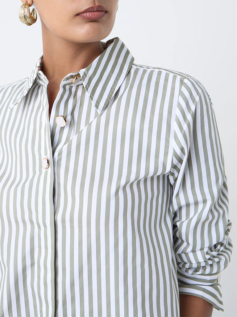 Wardrobe Olive Stripe Pattern Shirt - Image 3