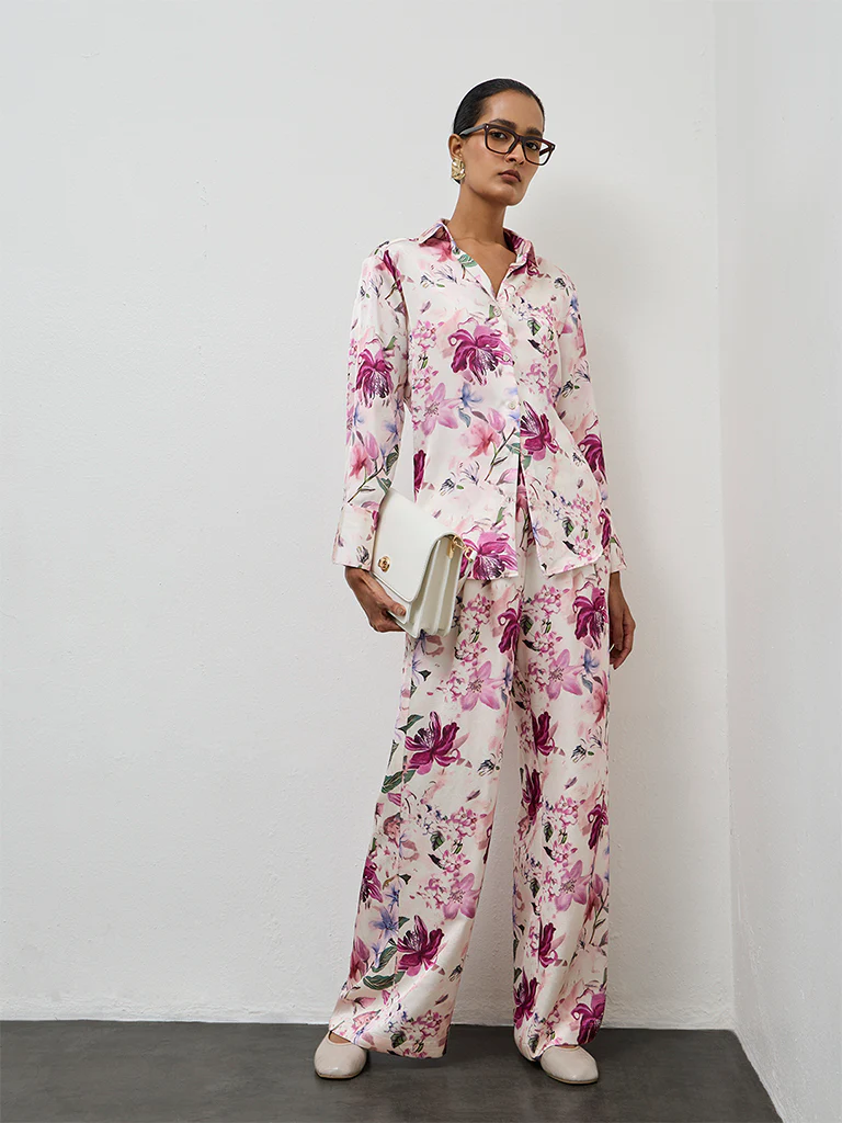 Wardrobe Pink Floral Design High-Rise Trousers