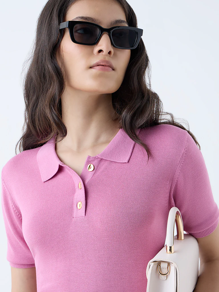 Wardrobe Pink Knit-Textured Polo T-Shirt - Image 3
