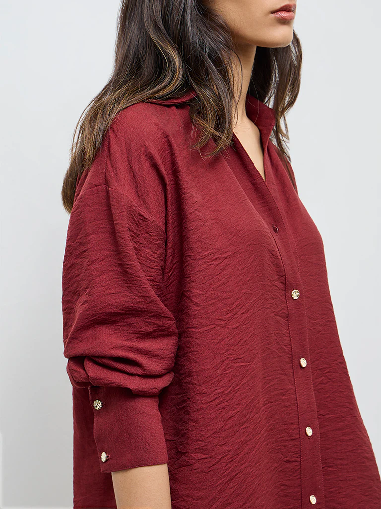 Wardrobe Red Crinkle-Textured Shirt - Image 3