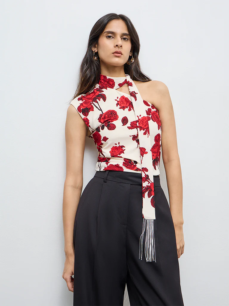 Wardrobe Red Floral One-Shoulder Top - Image 2
