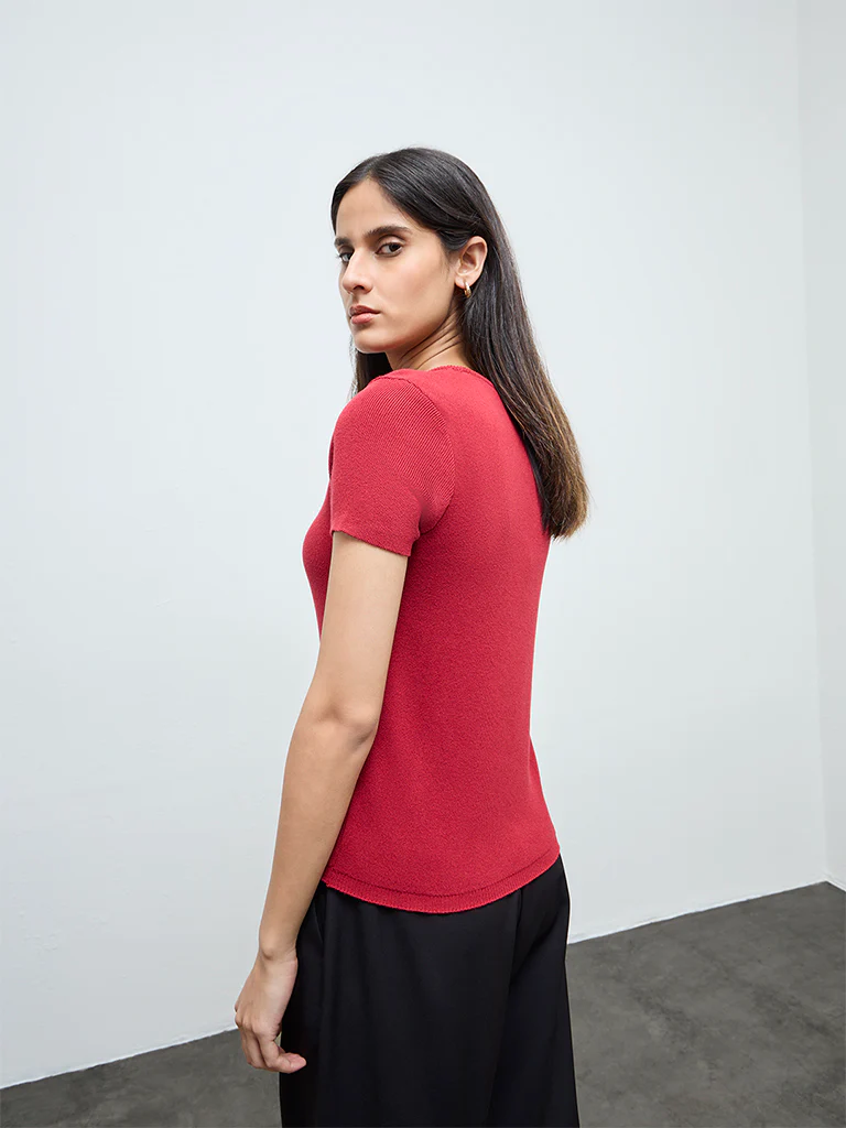 Wardrobe Red Knit-Textured Top - Image 4