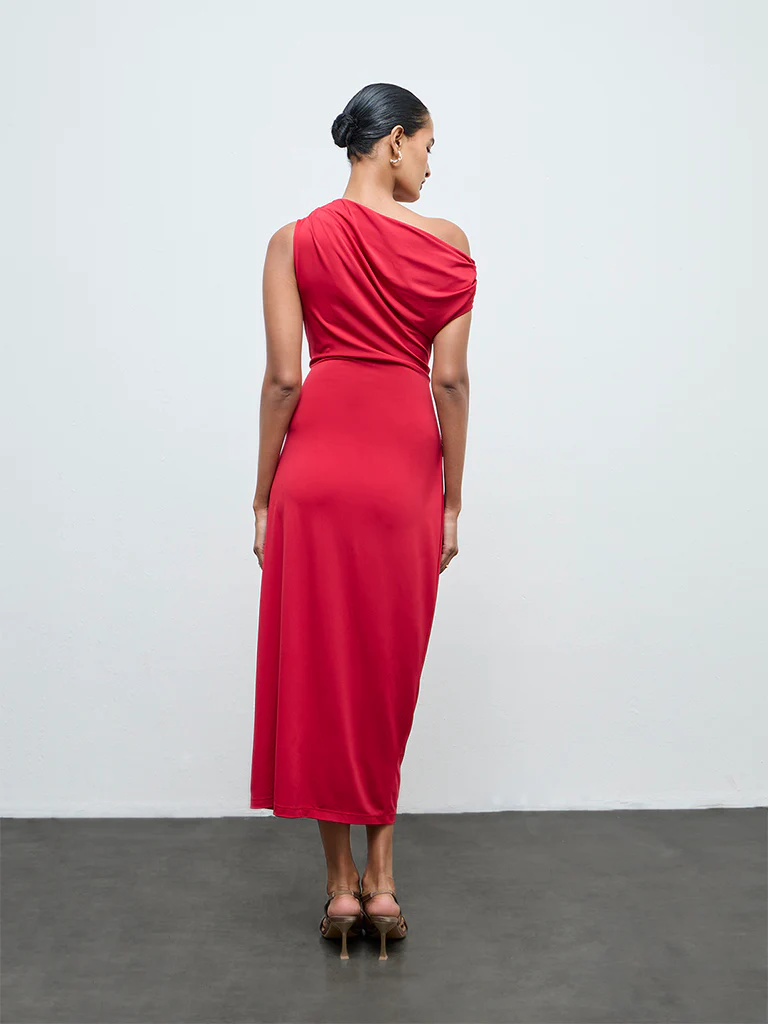 Wardrobe Red One-Shoulder Drape-Style Dress - Image 4
