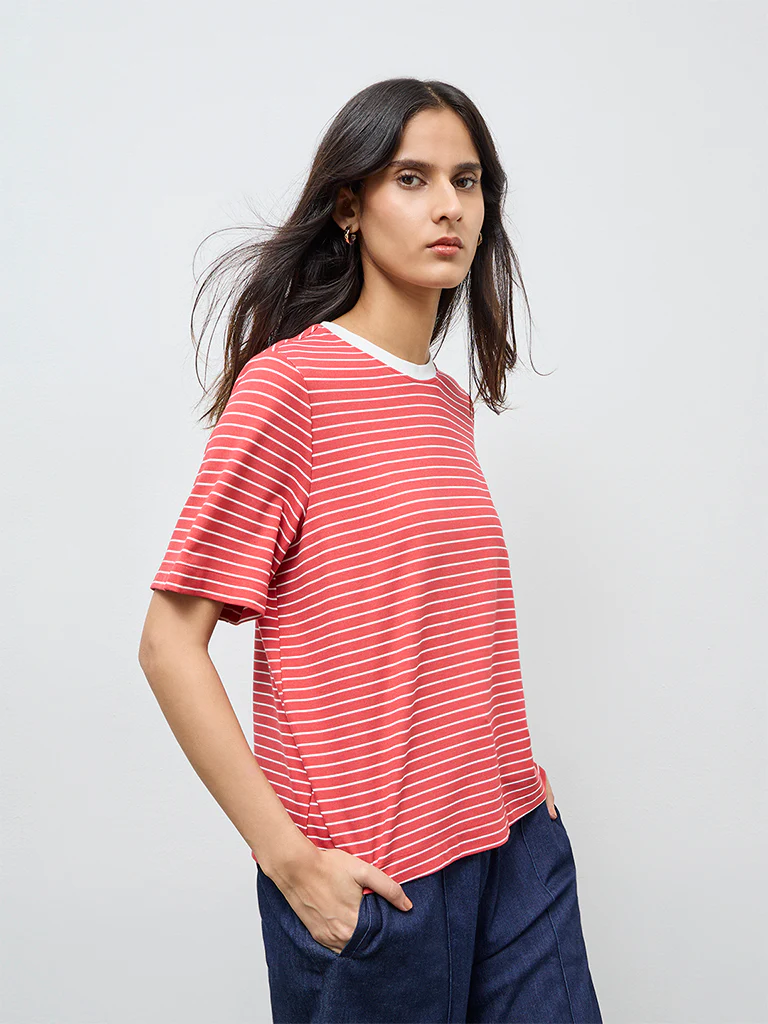 Wardrobe Red Striped Cotton-Blend T-Shirt - Image 2