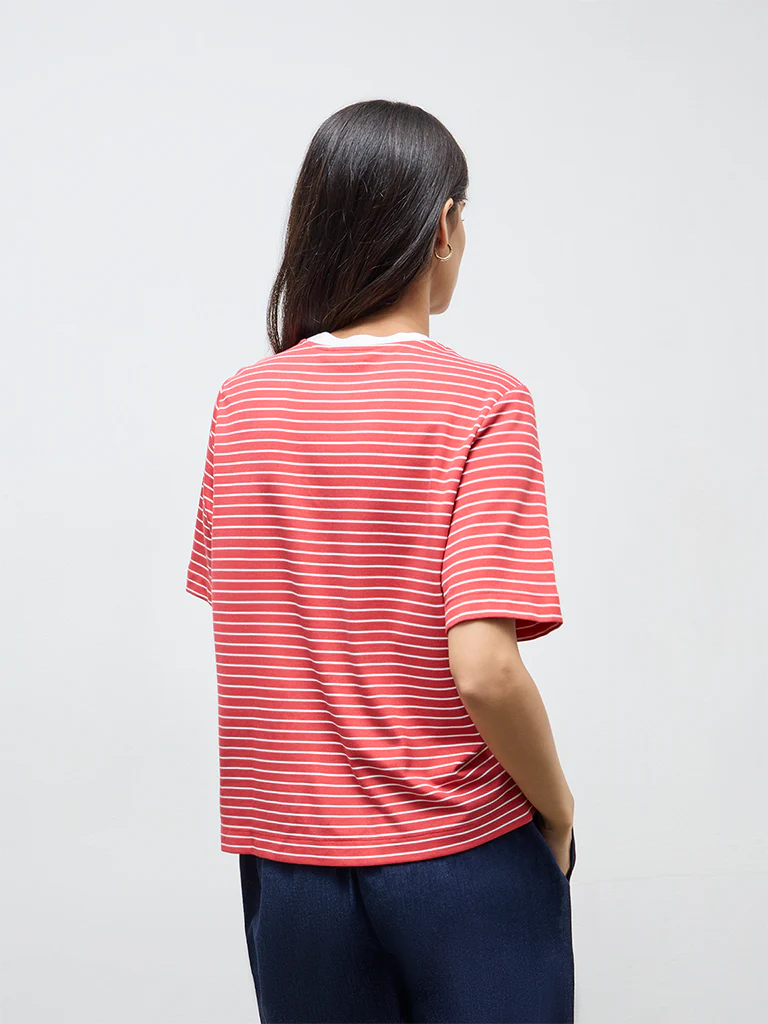 Wardrobe Red Striped Cotton-Blend T-Shirt - Image 4