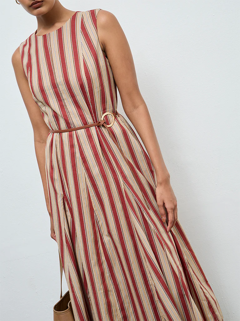 Wardrobe Rust Striped Cotton A-Line Dress - Image 3