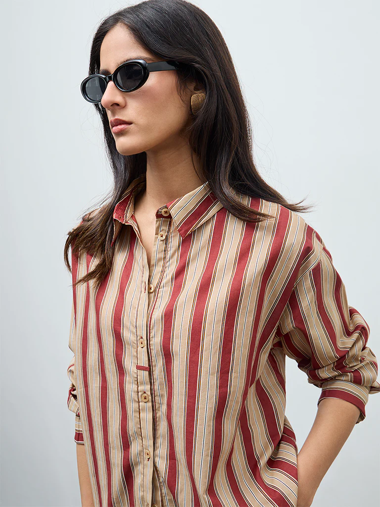 Wardrobe Rust Striped Cotton Shirt - Image 3