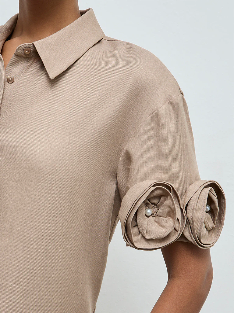Wardrobe Taupe Rosette Detail Shirt - Image 3