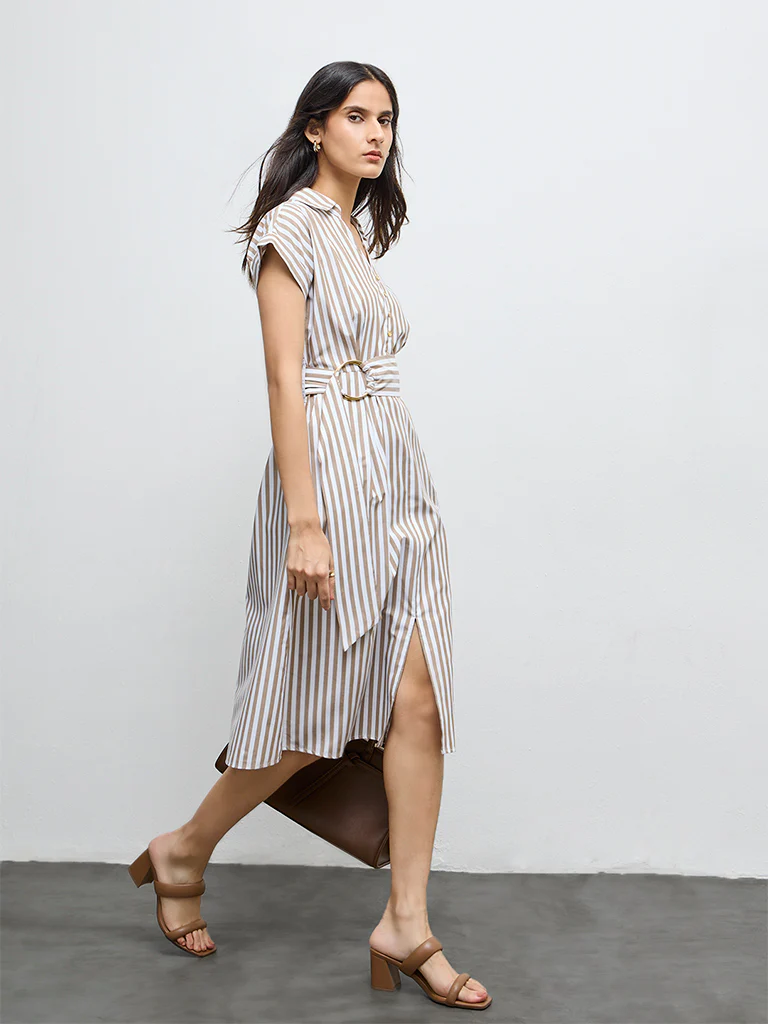 Wardrobe Taupe Striped A-Line Dress with Belt