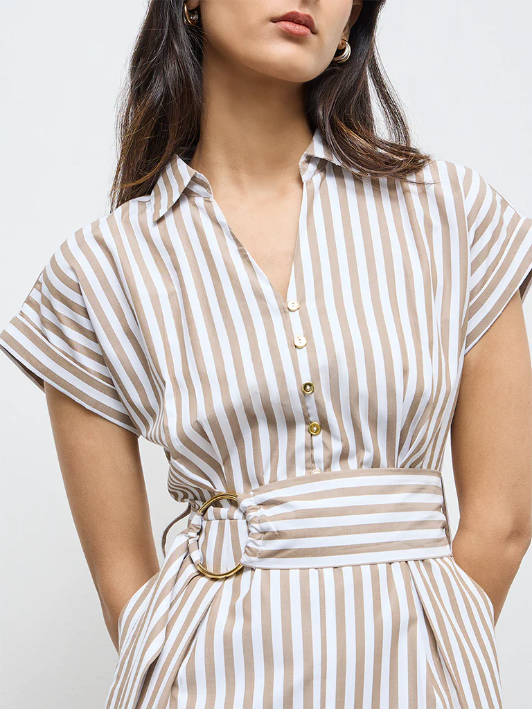 Wardrobe Taupe Striped A-Line Dress with Belt - Image 2