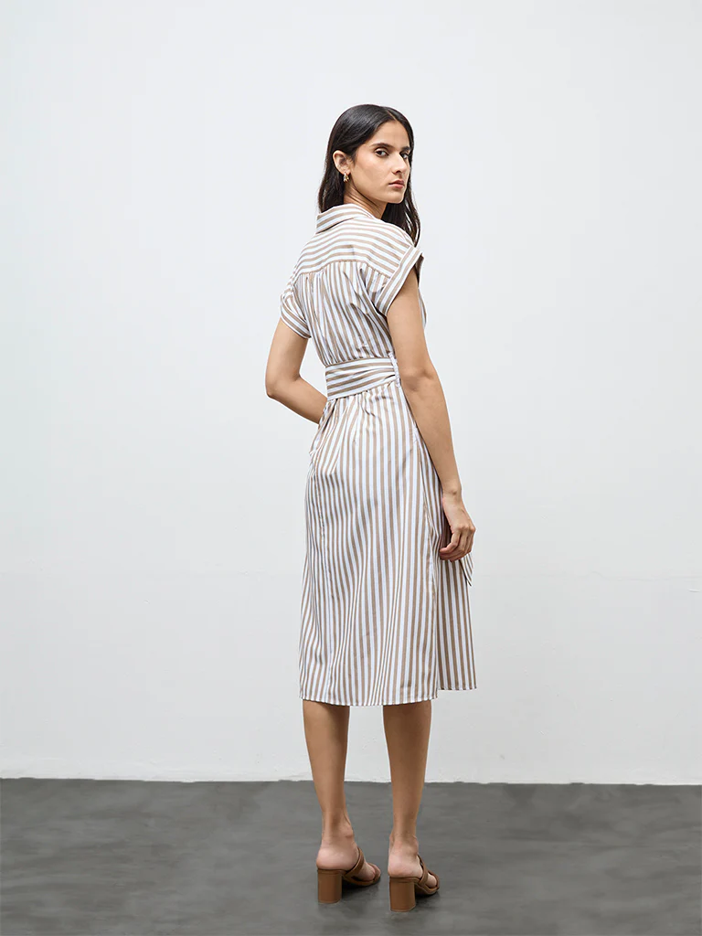 Wardrobe Taupe Striped A-Line Dress with Belt - Image 4