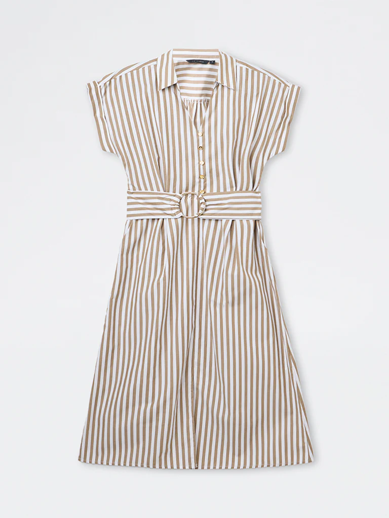 Wardrobe Taupe Striped A-Line Dress with Belt - Image 5