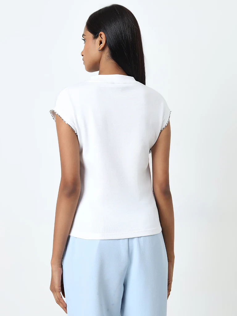 Wardrobe White Embellished Cotton-Blend Top - Image 4