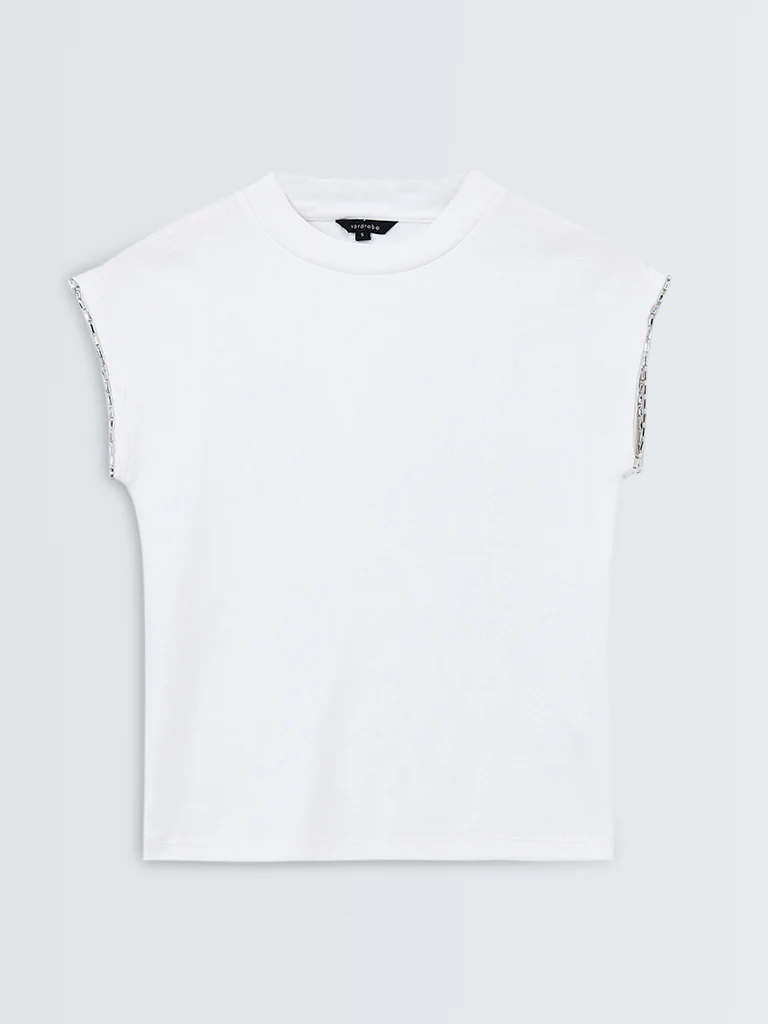 Wardrobe White Embellished Cotton-Blend Top - Image 5